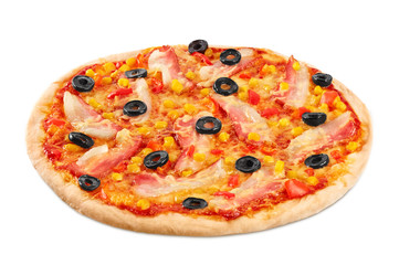 Pizza with bacon and corn on a white background.