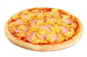 Pizza with pineapple and ham on white background.