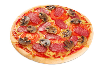 Pizza with sausage and mushrooms on a white background.