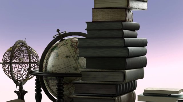 old books and a vintage globe  render 3D
