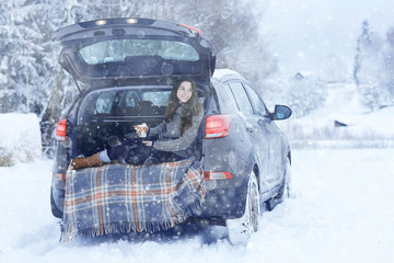 girl winter romance concept car travel