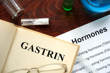Hormone gastrin  written on book. Test tubes and hormones list.