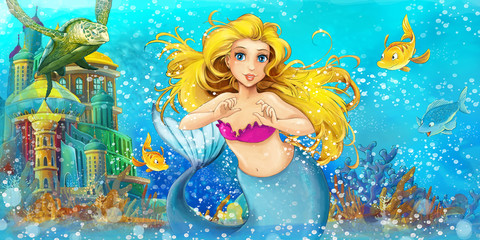 Fototapeta na wymiar Cartoon ocean and the mermaid - illustration for the children