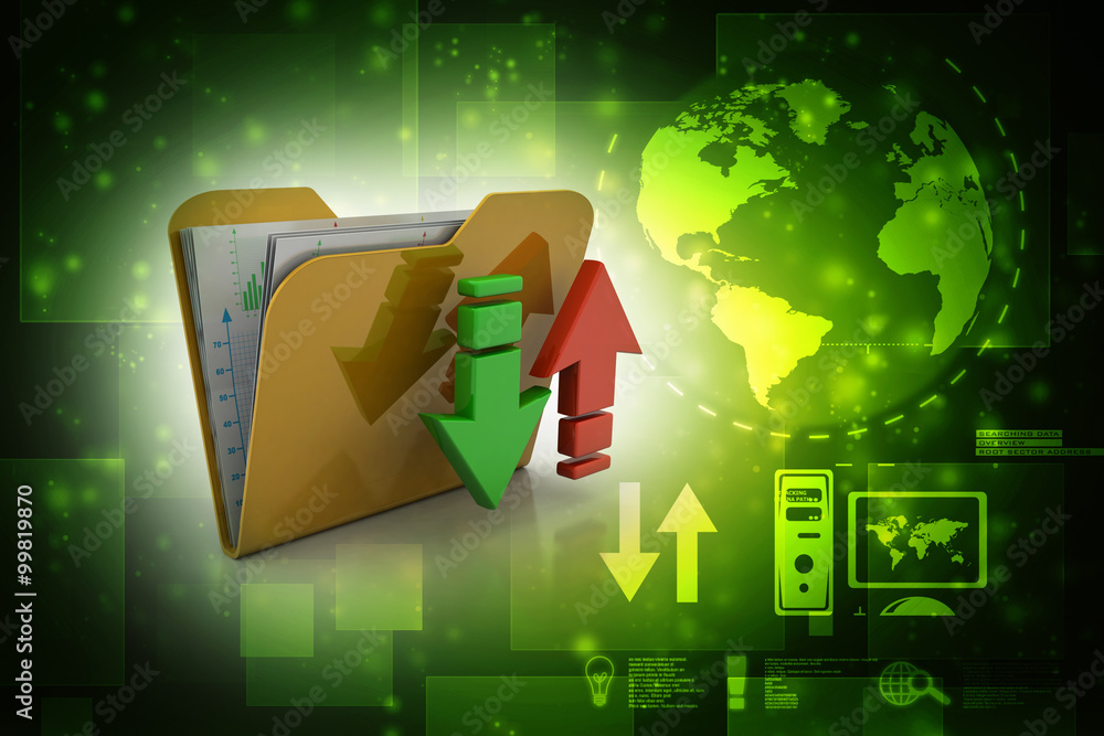 Poster 3d rendering folder with upload download icon