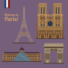 Paris Travel Set. Famous Places - Eiffel Tower, Louvre, Notre-Dame