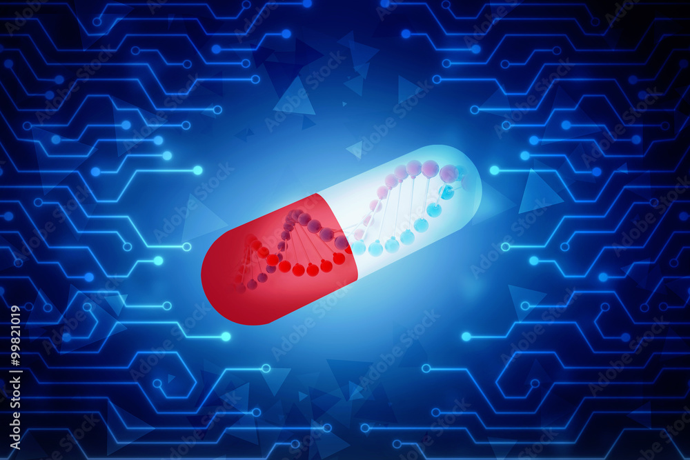 Poster 3d render of dna structure with capsule