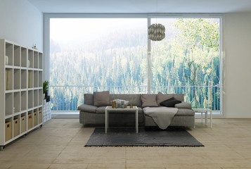 Spacious modern living room overlooking a forest