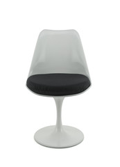 White Plastic Retro Chair with Black Cushion on White Background, Front View