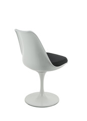 White Plastic Retro Chair with Black Cushion on White Background, Three Quarter Rear View