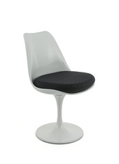 White Plastic Retro Chair with Black Cushion on White Background, Three Quarter View