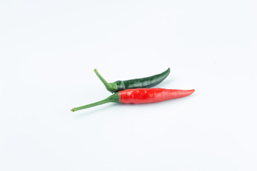 Red and green pepper on white background, Thai chili