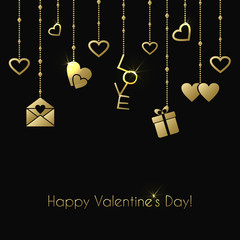 Greeting card for Valentines Day with gold hanging gifts on a black background