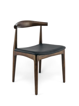 Classic Dark Brown Wood Chair with Black Leather Pad Back, Three Quarter View