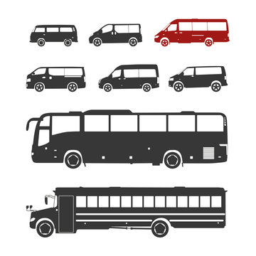 Detailed bus silhouettes set