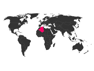 World map with highlighted Algeria. Simlified political vector map in dark grey and pink highlight.