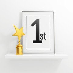 gold star award and motivational poster on white shelf on white