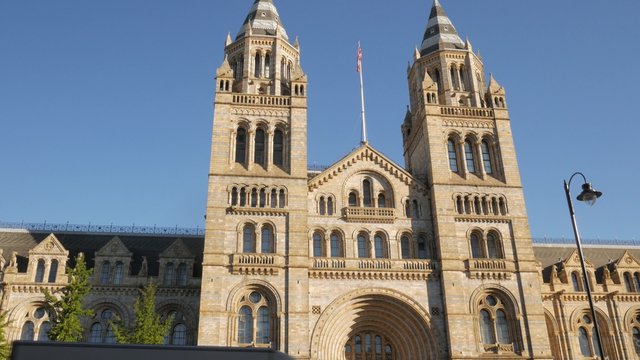 Tilt up the front of the Natural History Museum in London. Shot in 4K on a sunny morning