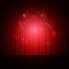 Background with red curtain, light and dust