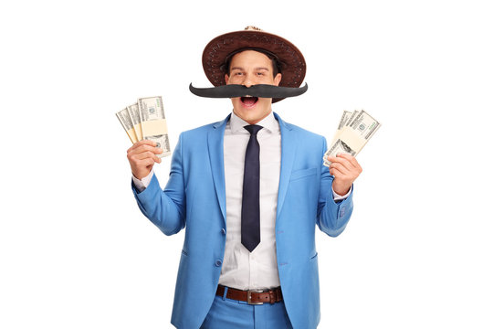 Man with a fake moustache holding  money