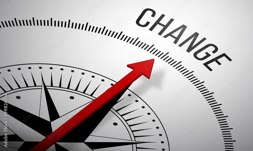 Poster 3d rendering of a compass with a change icon.