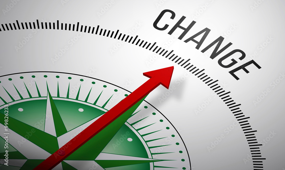 Poster 3d rendering of a compass with a change icon.