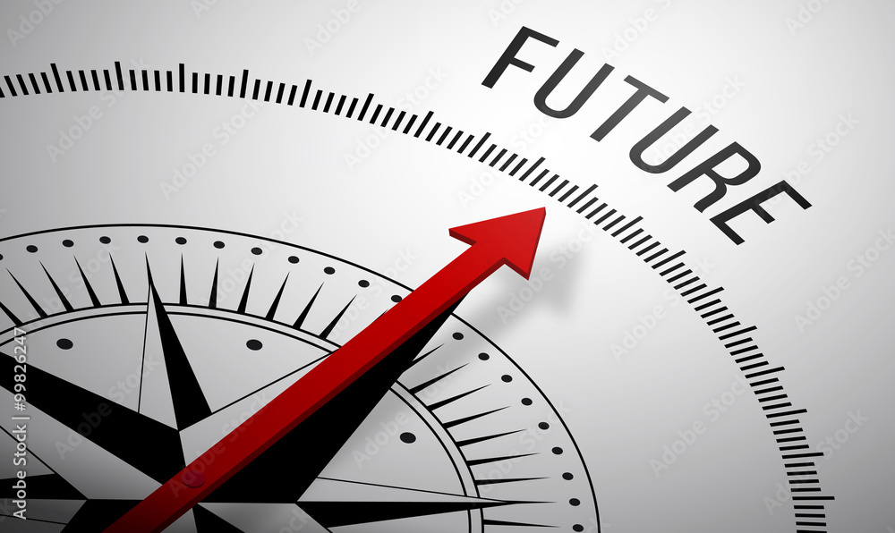Poster 3d rendering of a compass with a future icon.