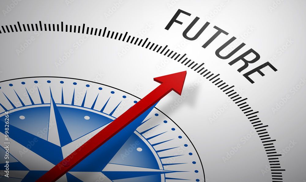 Poster 3d rendering of a compass with a future icon.