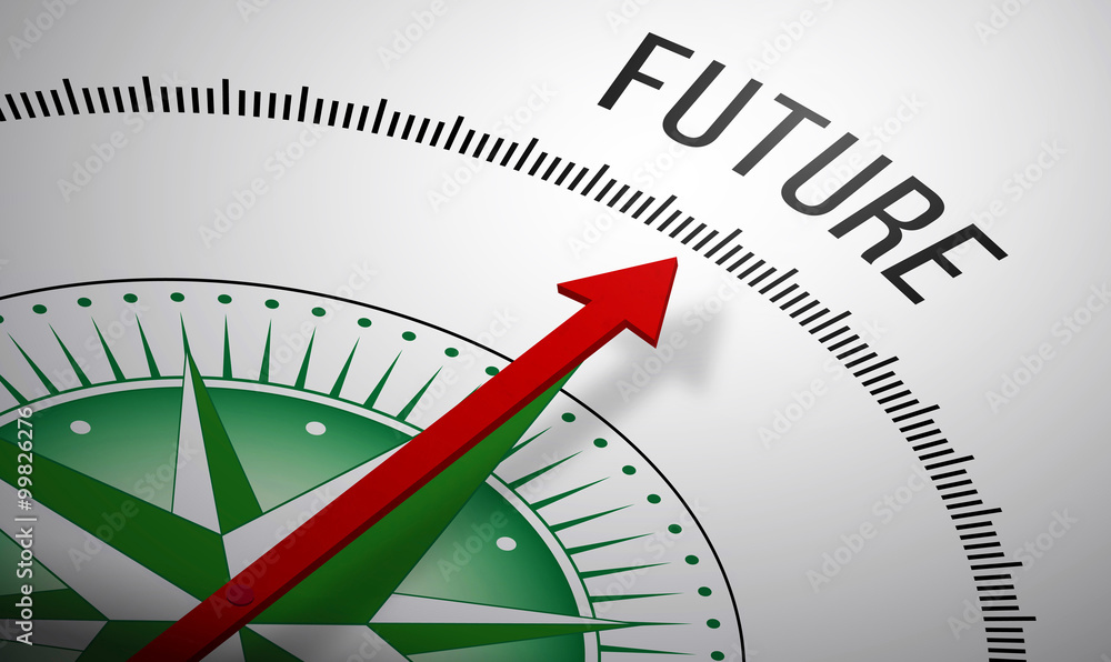 Poster 3d rendering of a compass with a future icon.
