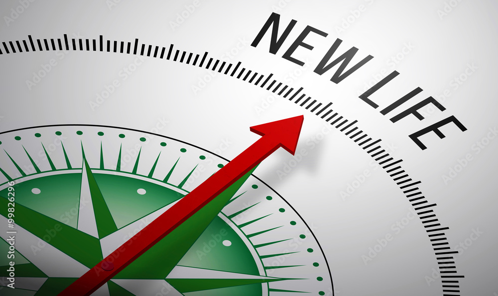Poster 3d rendering of a compass with a new life icon.