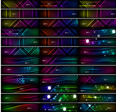 Glowing shapes on dark background. Vector set of black headers with light effects