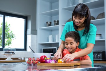 Smiling mother cooking with her son