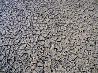 Dry lake bed with natural texture of cracked clay in perspective
