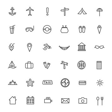 Vector linear icons of tourism and travel.