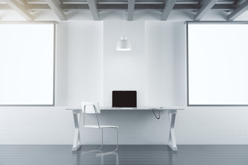 Modern office room with furniture, laptop and blank white poster