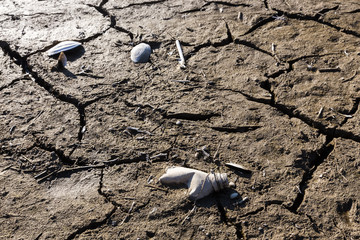 Dry lake bed with natural texture of cracked clay in perspective