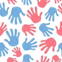 Hands print pattern. Seamless background with doodle pink and blue arms.