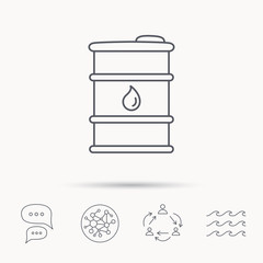 Barrel of oil icon. Cask with water drop sign.