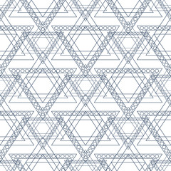Seamless vector pattern. Symmetrical geometric background with blue triangles in the shape of stars . Decorative repeating ornament.