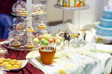 Elegant sweet table with cupcakes, cake pops and candy on dinner