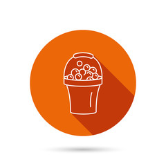 Bucket with foam icon. Soapy cleaning sign.