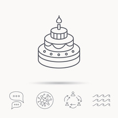 Cake icon. Birthday delicious dessert sign.