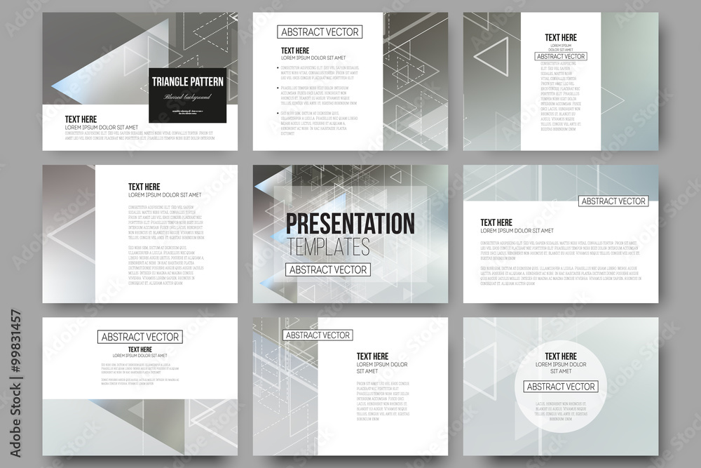 Poster set of 9 vector templates for presentation slides. abstract blurred background with triangles, lines