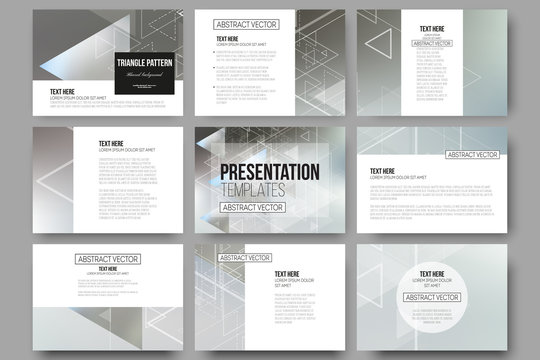 Set of 9 vector templates for presentation slides. Abstract blurred background with triangles, lines and dots.