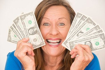 Joyful woman presenting us dollar