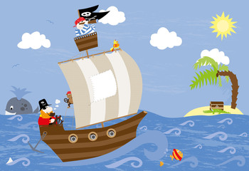 Statek piracki, piraci, papuga na pokładzie ; wieloryb, fale, wyspa, palma, skrzynia ze skarbem w tle - obrazy, fototapety, plakaty