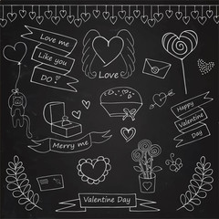 valentine day set 
drawing chalk on a blackboard.