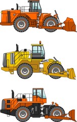 Set of wheel dozers isolated on white background in flat style. Heavy construction machines. Vector illustration