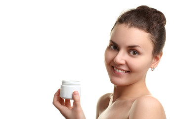 The woman is holding an outdoor moisturizer on white isolated background