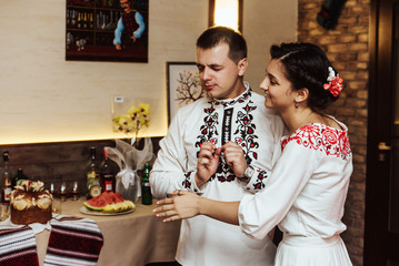 stylish bride and happy groom in the restaurant, first emotional