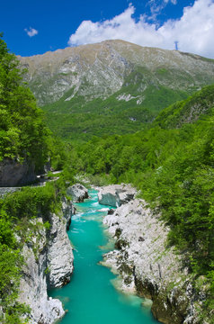 View of the Soca river (Isonzo) near Kobarid (Caporetto), Slovenia
